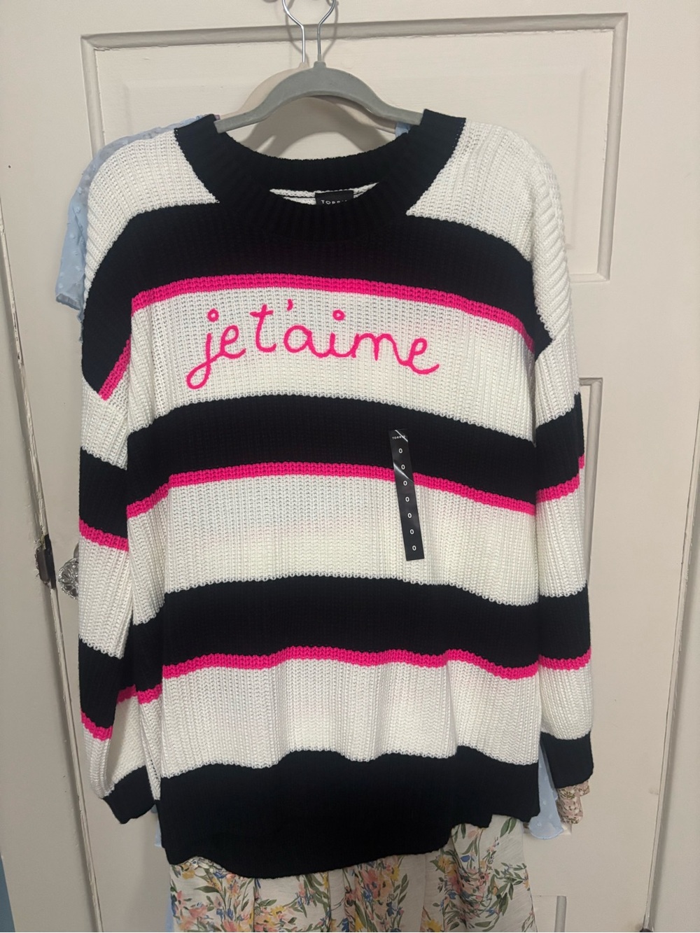 torrid Black, White & Hot Pink Striped 'je t'aime' Crewneck Sweater